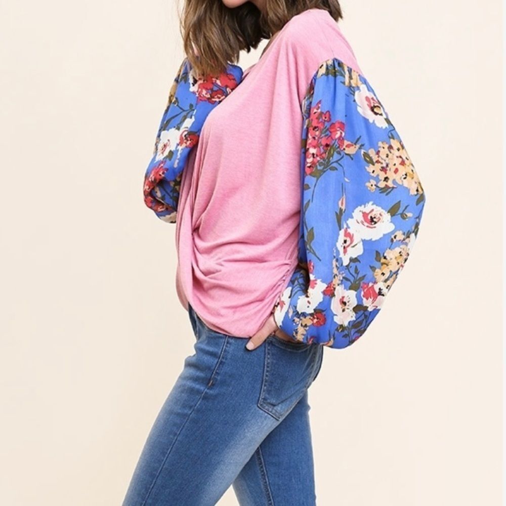 Floral Long Puff Sleeve Knit V-Neck Criss Cross Front Top-Pink - Picture 3 of 4